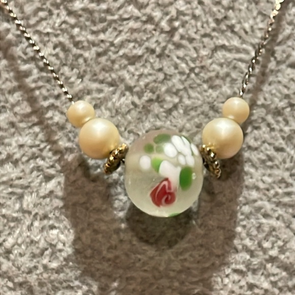 1928 Dainty Pearl & Glass Beaded Floral Pendant Necklace Vintage Style 16” - Picture 1 of 9